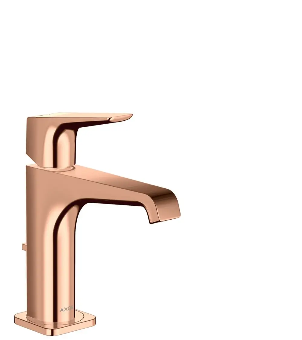 Einhebel-Waschtischmischer von AXOR in Polished Red Gold mit einem klaren, geraden Design. Hebelgriff und integrierte Zugstangen-Ablaufgarnitur sichtbar.